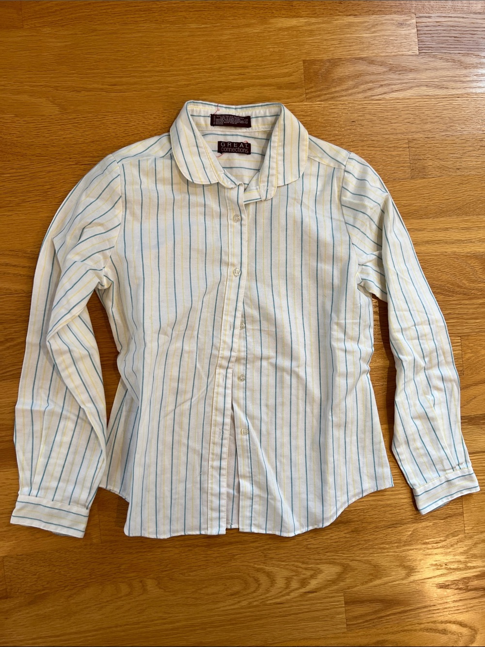 Vintage Great Connections youth 12 Cream Button-Up Shirt with Blue Stripes